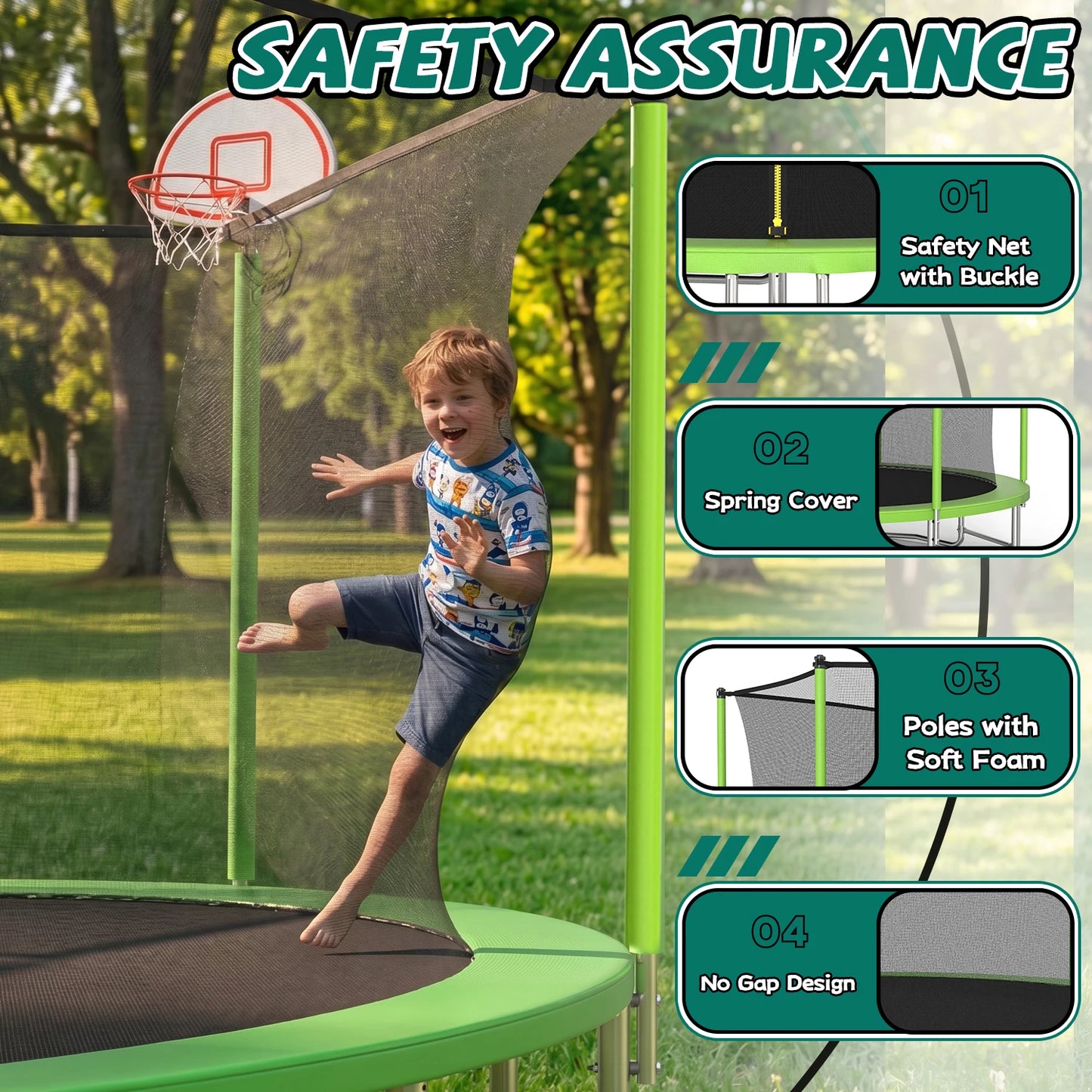 Outdoor Trampoline With Balance Bar And Basketball Hoop Enclosure Net