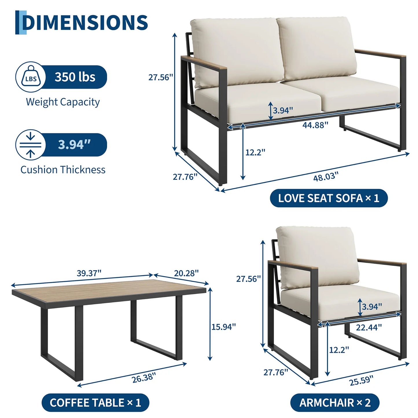 HobbyLane Modern Outdoor Patio Furniture Set Conversation Sofa Coffee Table
