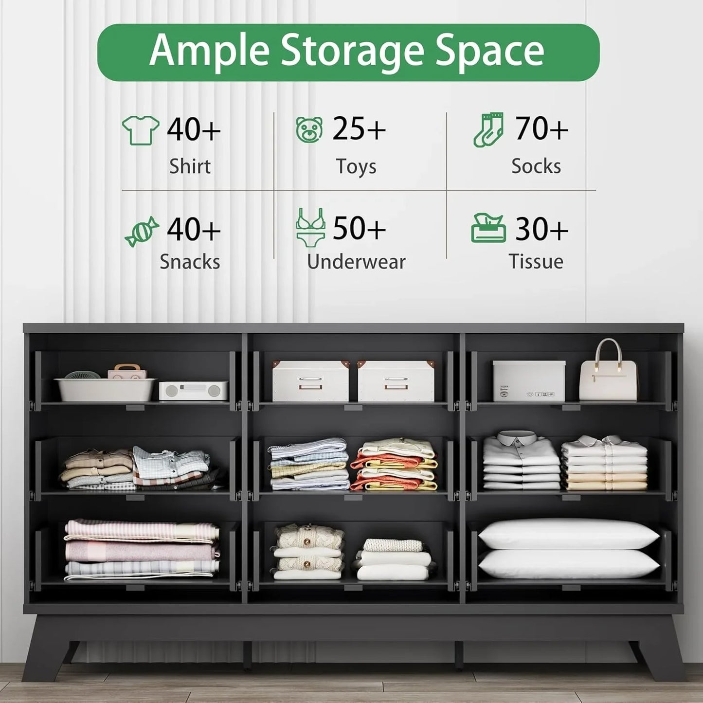 Fluted Dresser With 9 Drawers And Metal Handle For Bedroom