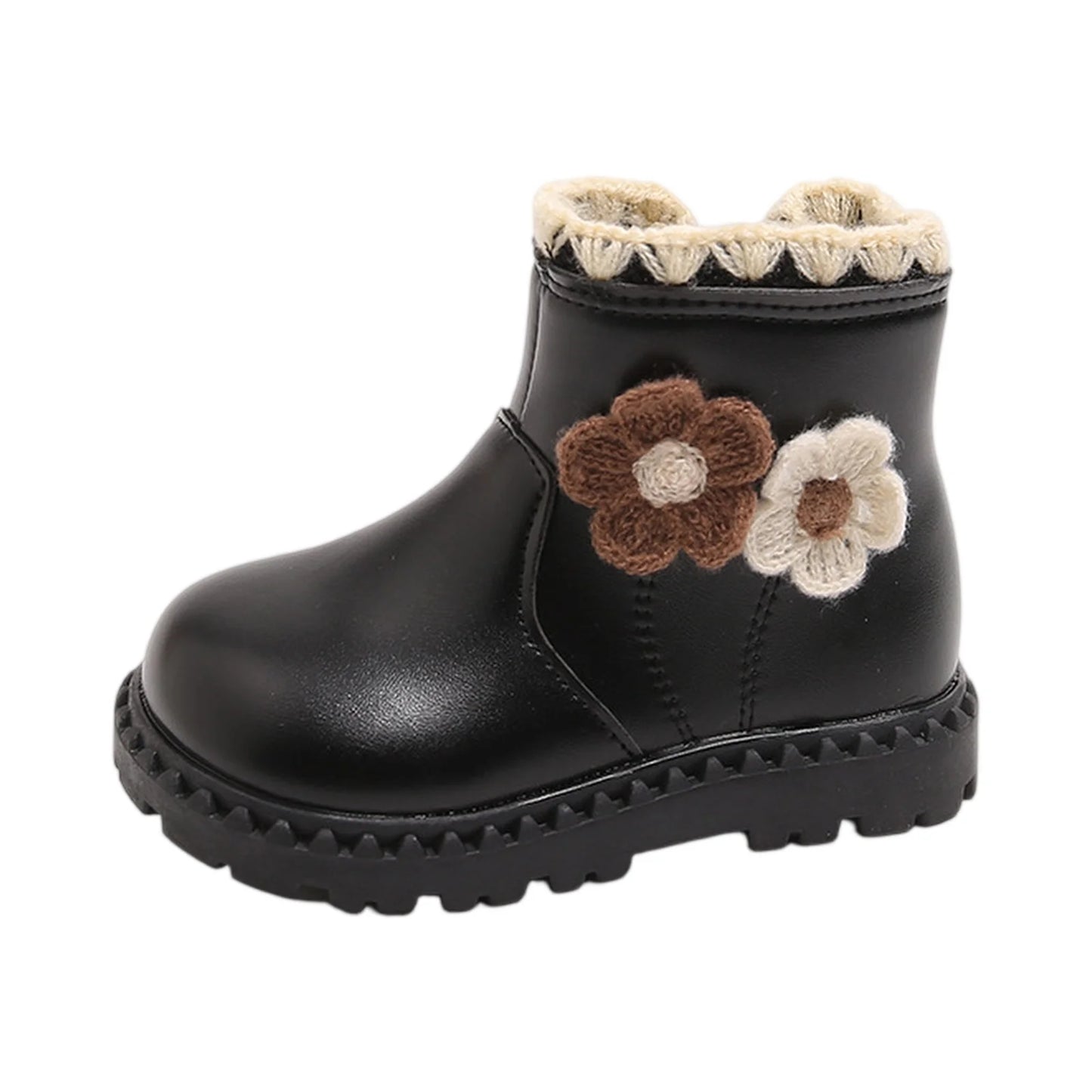 Girls Fleece Lined Winter Boots With Flower Decor Side Zip