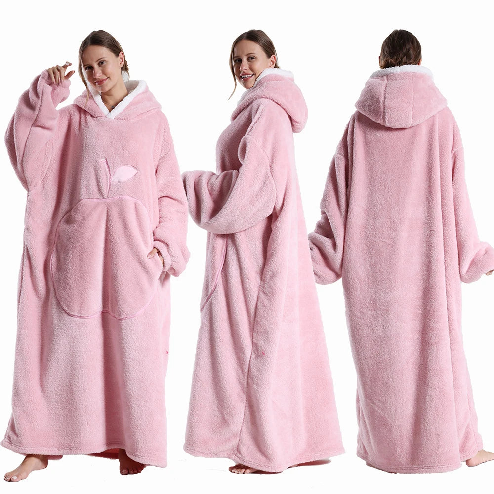 Polar Fleece Wearable Hooded Blanket With Sleeves For Adults