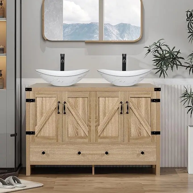 HUANZHUANG Rustic Bathroom Vanity With Ceramic Vessel Sinks