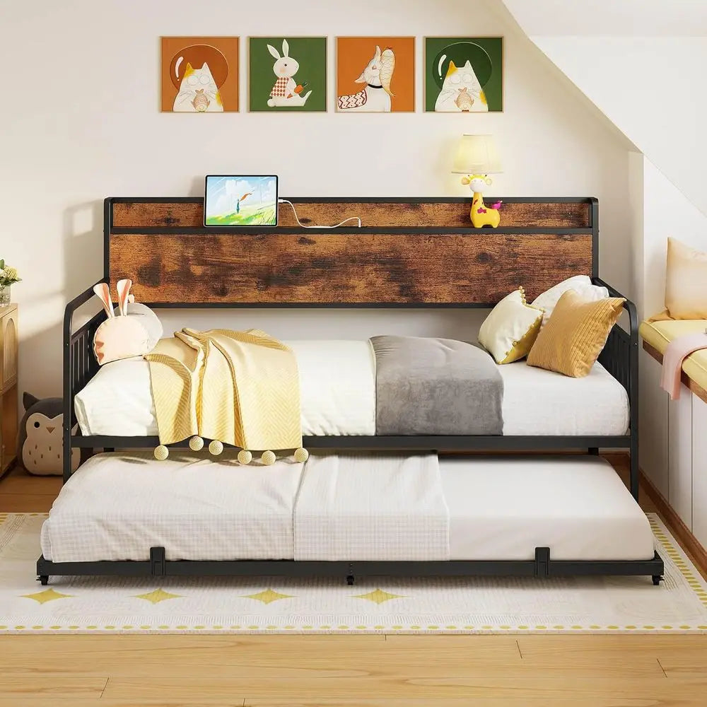 Metal Daybed With Trundle, Storage Headboard, Charging Station