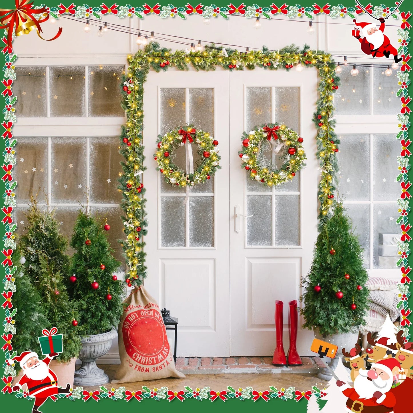 VKTECH Mistletoe Christmas Garland With Lights Prelit Flocked Cedar