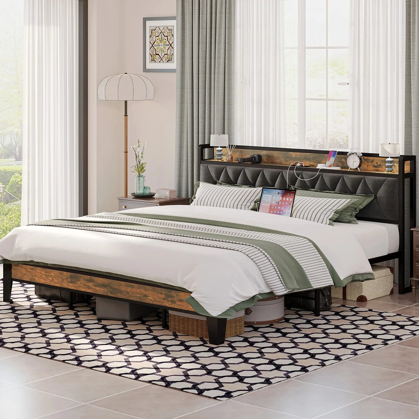 ANCTOR Bed Frame With Storage Headboard And Outlets No Box Spring