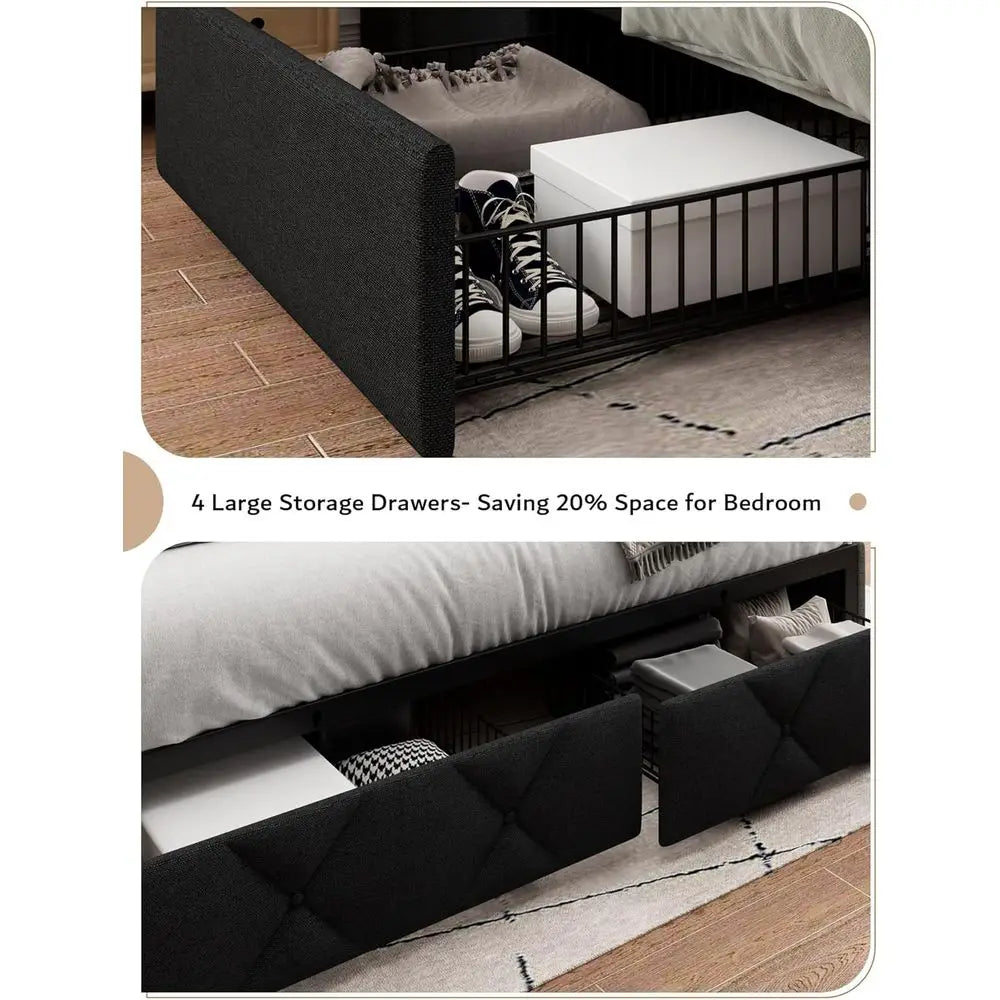 Upholstered Bed With Storage Drawers And USB Charging Station