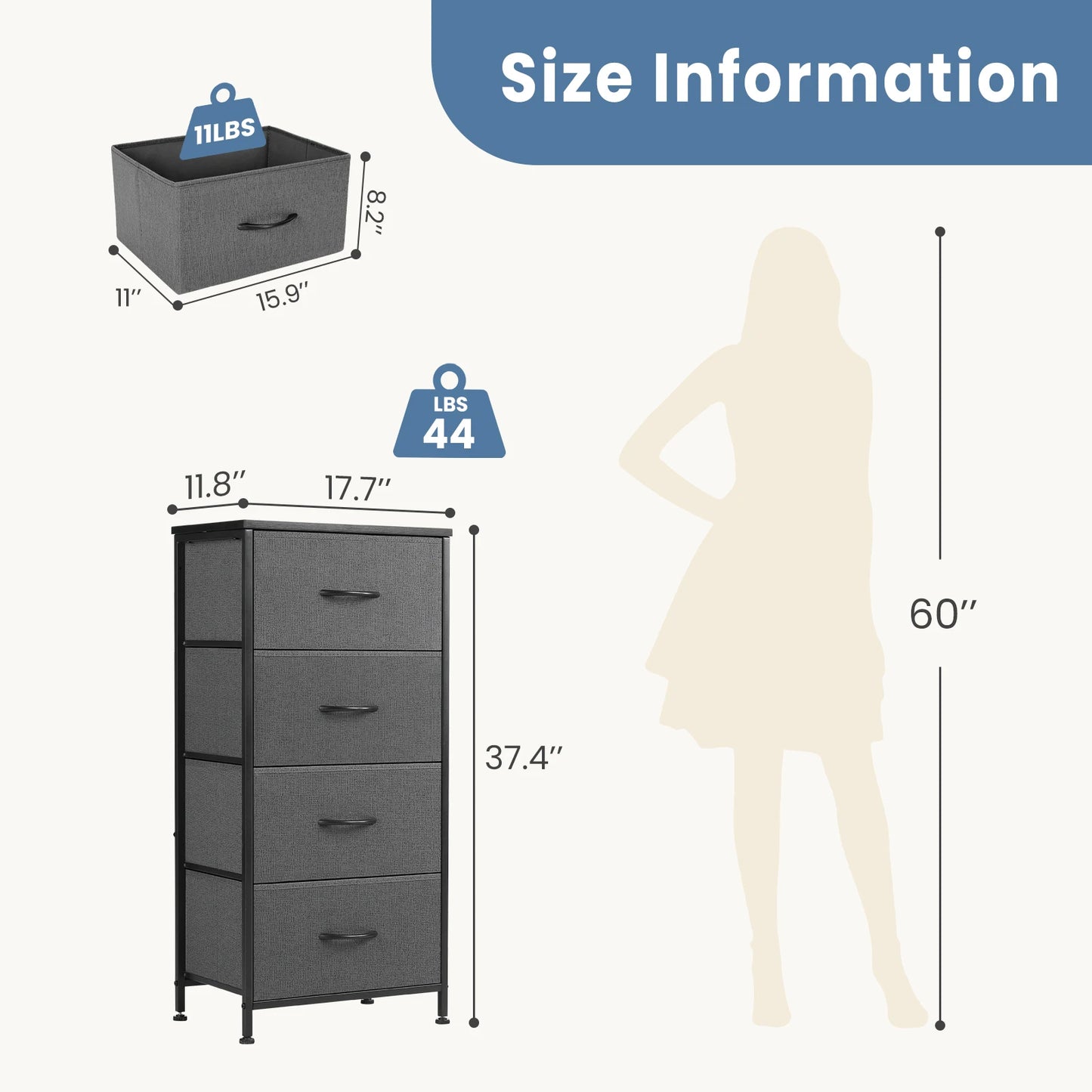 JHK Modern Dresser With Four Fabric Drawers Steel Frame