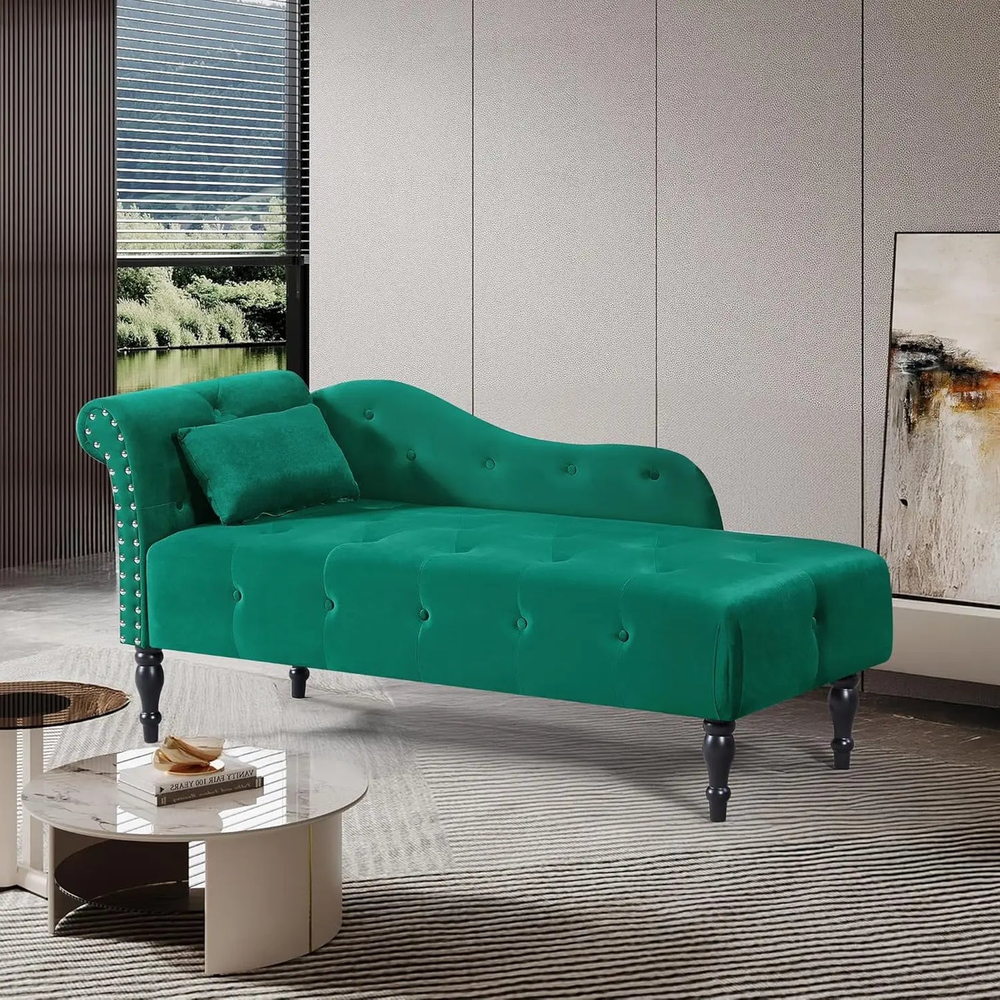 Huanzhuang Modern Velvet Upholstered Chaise Lounge With Button Tufting And Solid Wood Legs