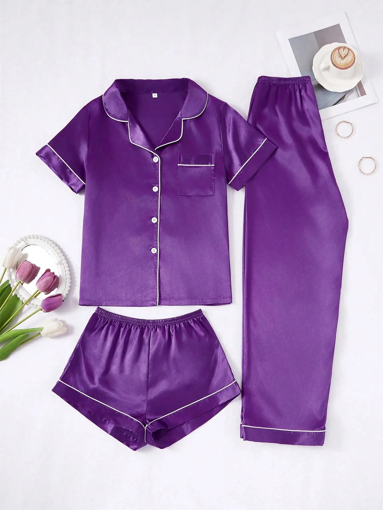 Faux Silk Pajama Set For Women Button-Down Top And Pants