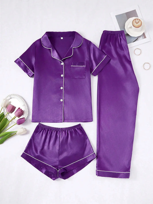 Faux Silk Pajama Set For Women Button-Down Top And Pants
