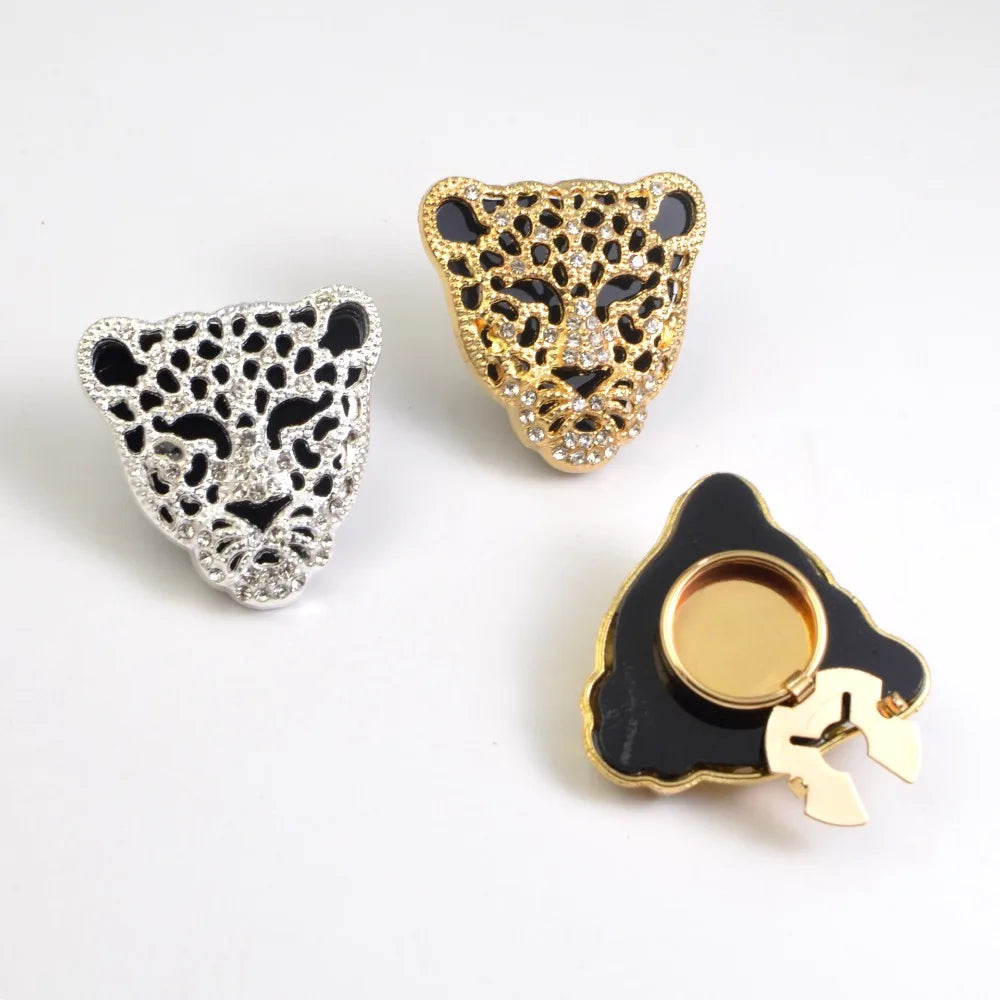 Leopard Head Rhinestone Button Cover Cufflinks Set