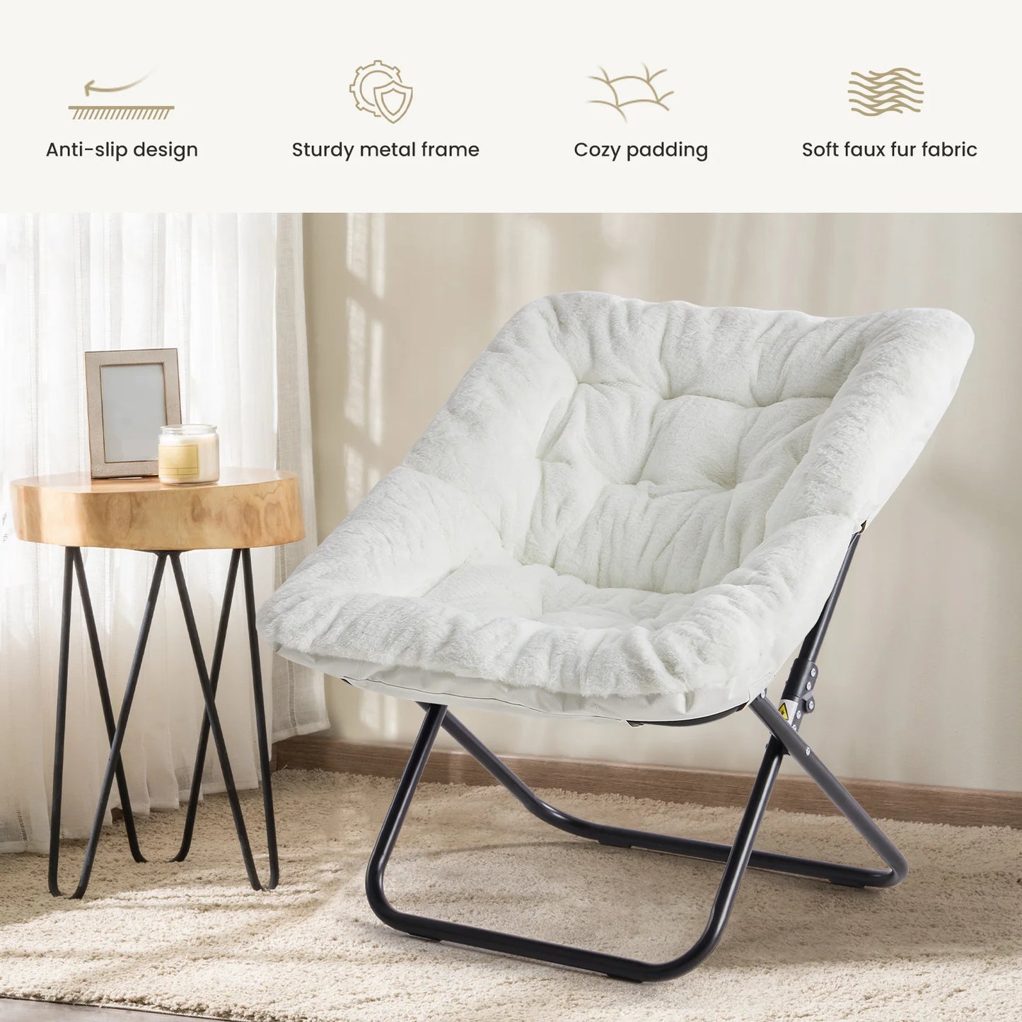JHK Cozy Faux Fur Saucer Chair With Metal Frame Lounge