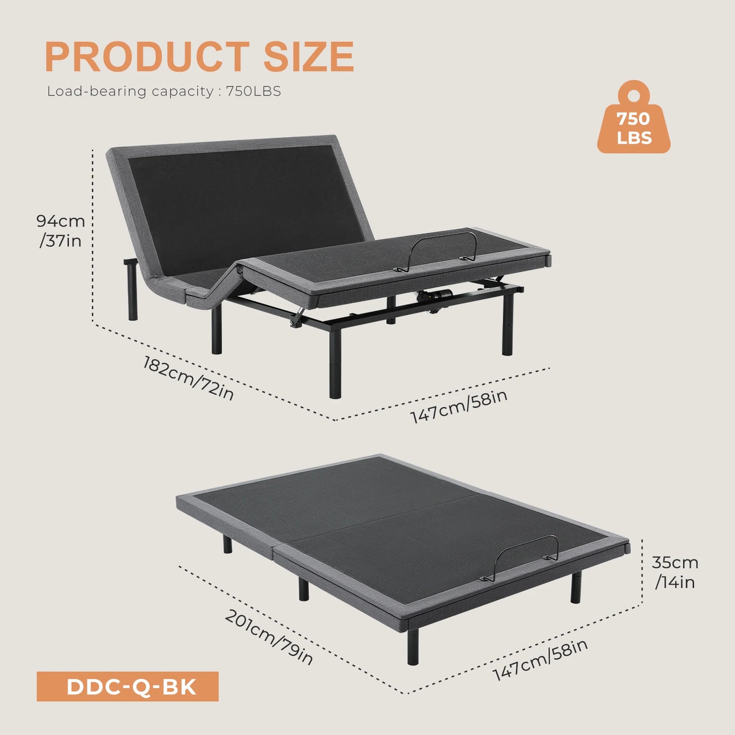 JHK Electric Adjustable Bed Frame With Wireless Remote And USB Ports