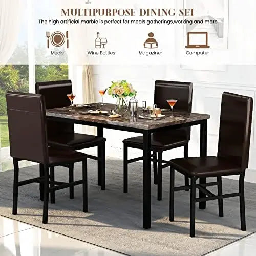 Marble Dining Table Set For 4 With PU Leather Chairs