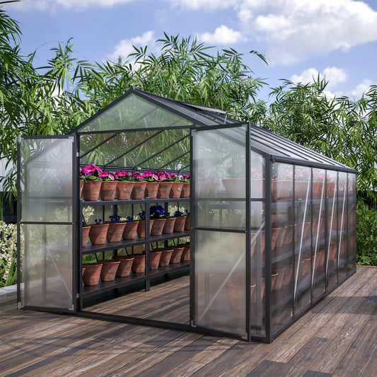 Outdoor Aluminum Walk-In Greenhouse With Polycarbonate Panels And Double Doors