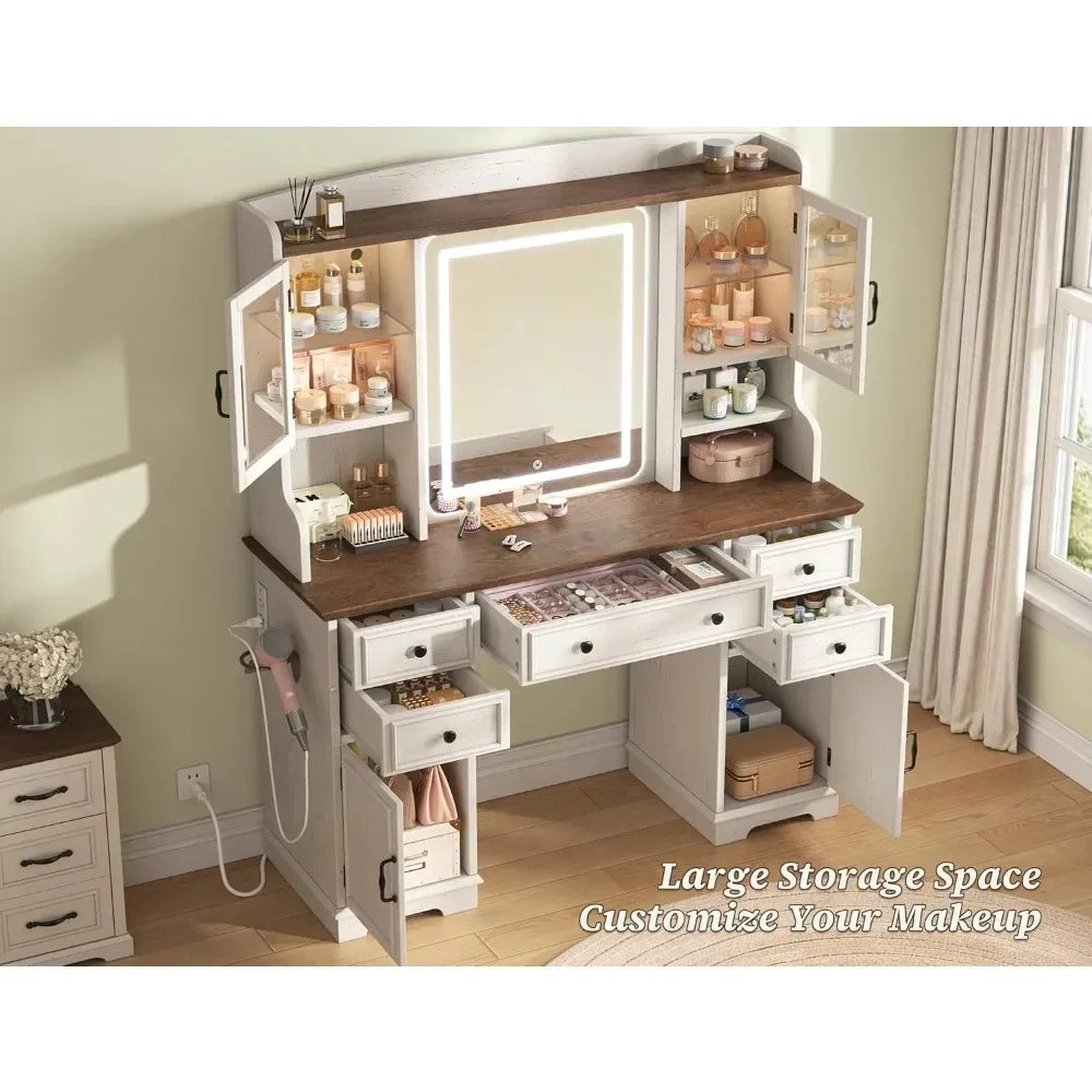 Farmhouse Vanity Desk With LED Mirror And RGB Storage