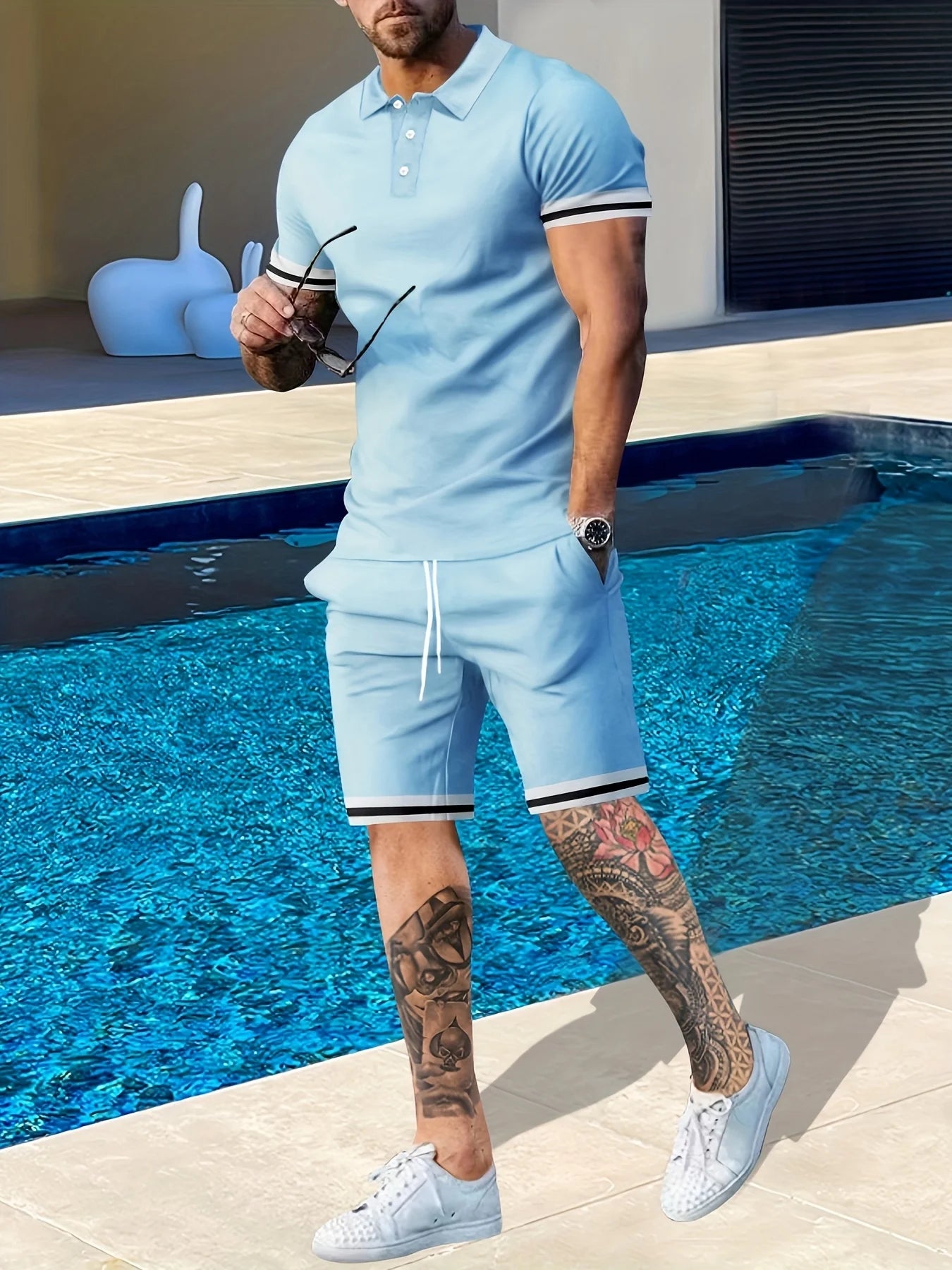 NONECN Men's Summer Short Sleeve Polo And Shorts Two-Piece Set