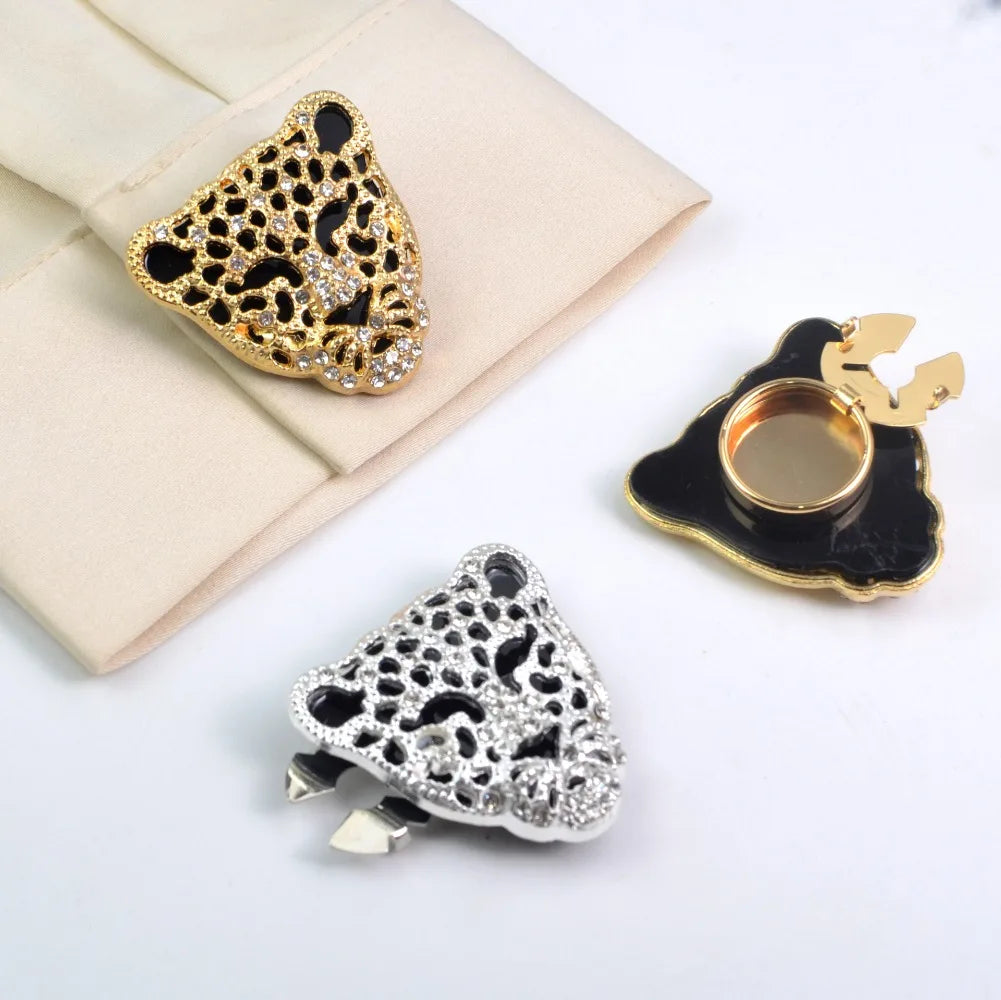 Leopard Head Rhinestone Button Cover Cufflinks Set