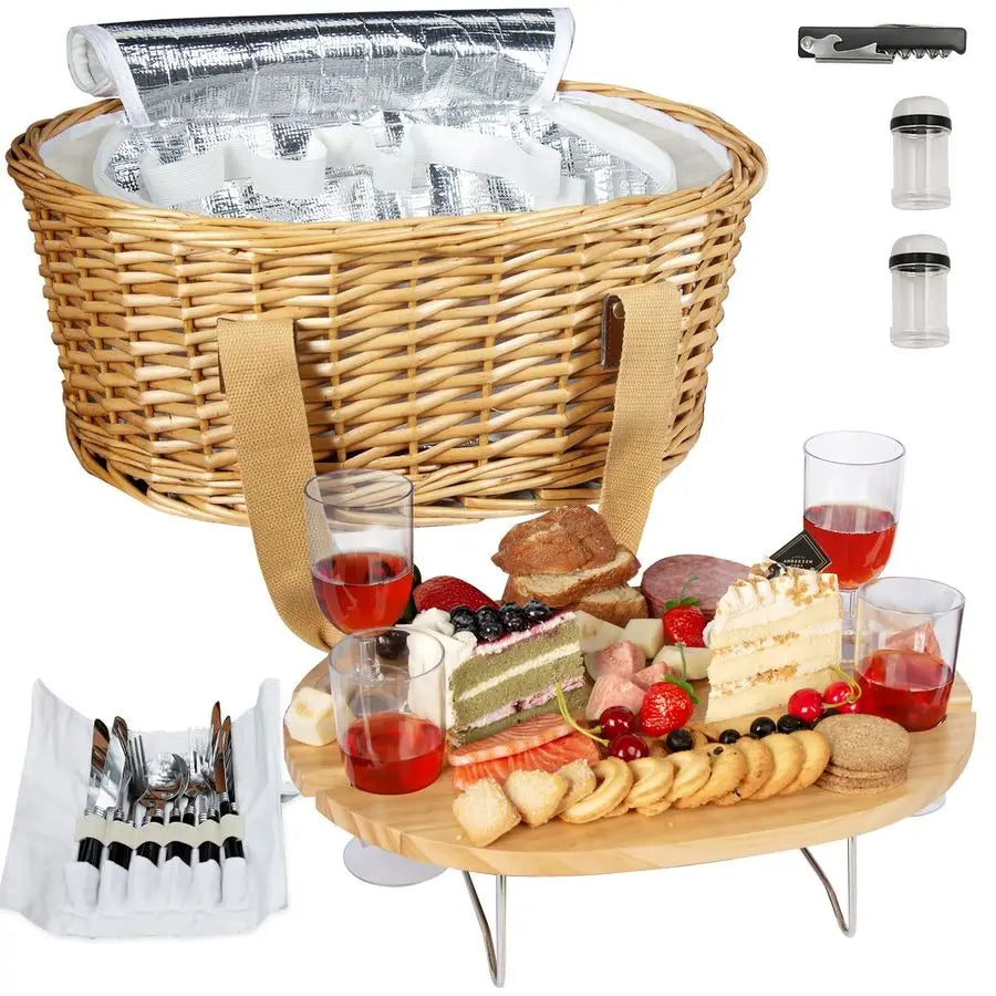 Wicker Picnic Basket Set For Four With Table And Cooler
