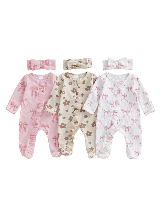 Adorable Baby Girl Floral Print Footie Jumpsuit With Headband