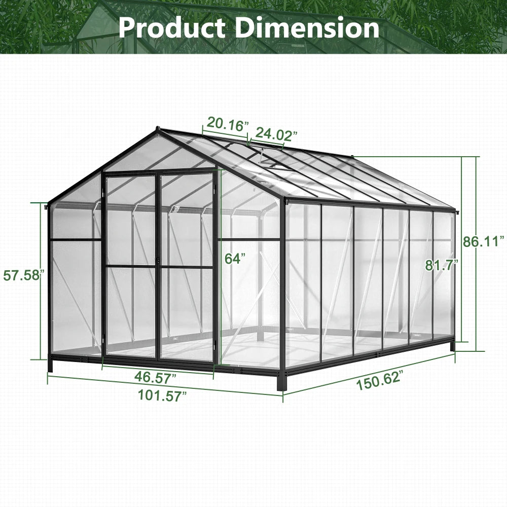 Outdoor Aluminum Walk-In Greenhouse With Polycarbonate Panels And Double Doors