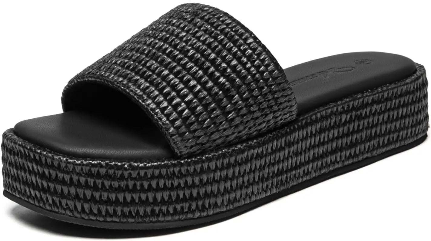 Athlefit Women's Platform Raffia Sandals Open Toe Slip On Beach
