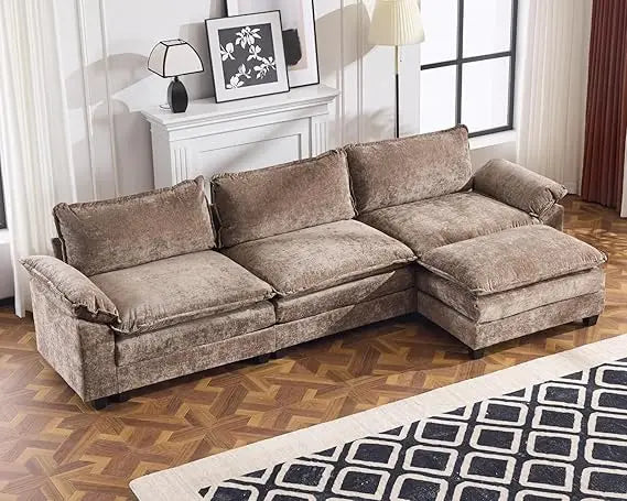 Premium Contemporary L Shaped Chenille Upholstered Sectional Sofa Featuring Ottoman
