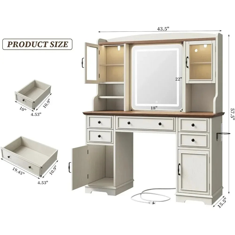 Farmhouse Vanity Desk With LED Mirror And RGB Storage