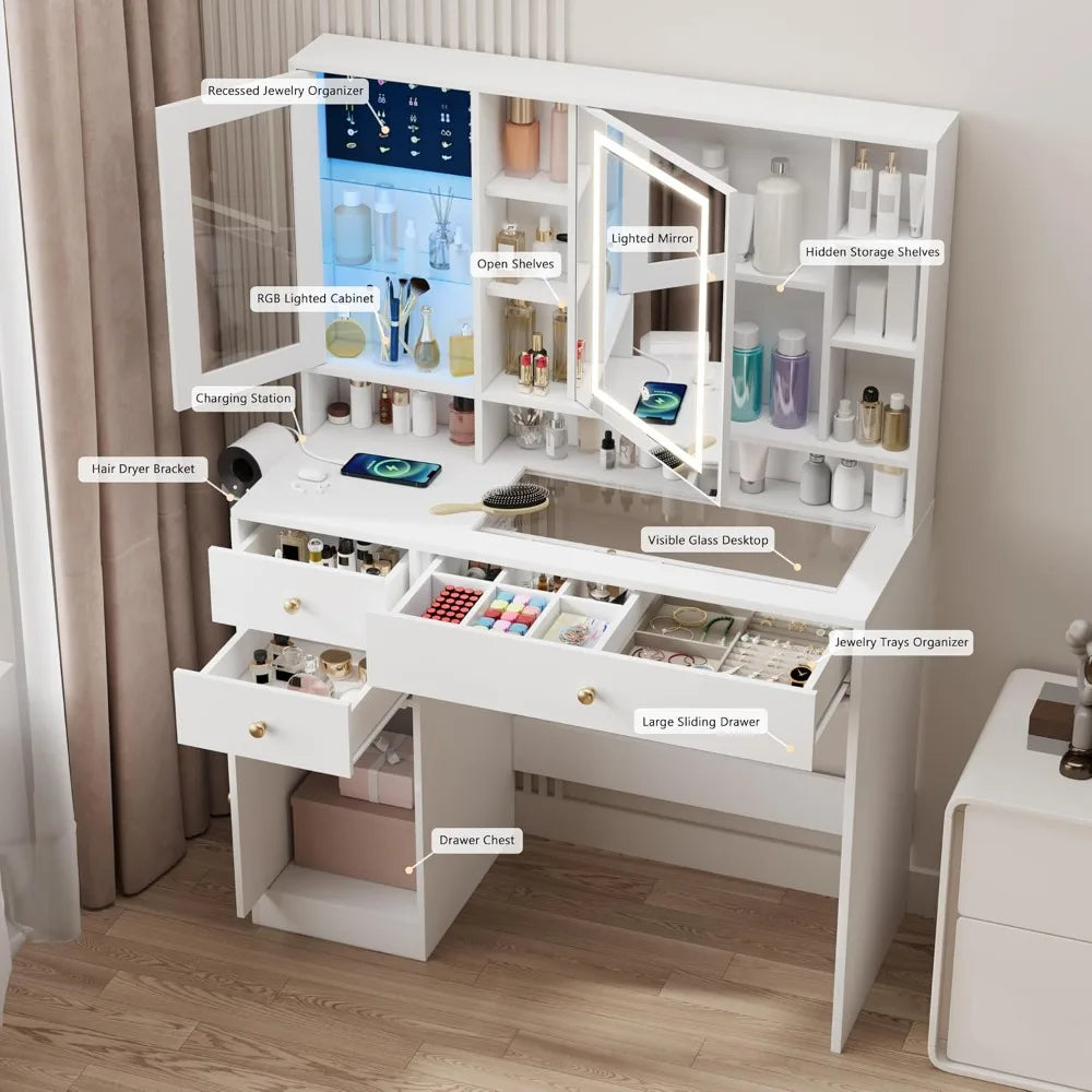 HUANZHUANG Makeup Vanity Desk With Mirror Lights Glass Top