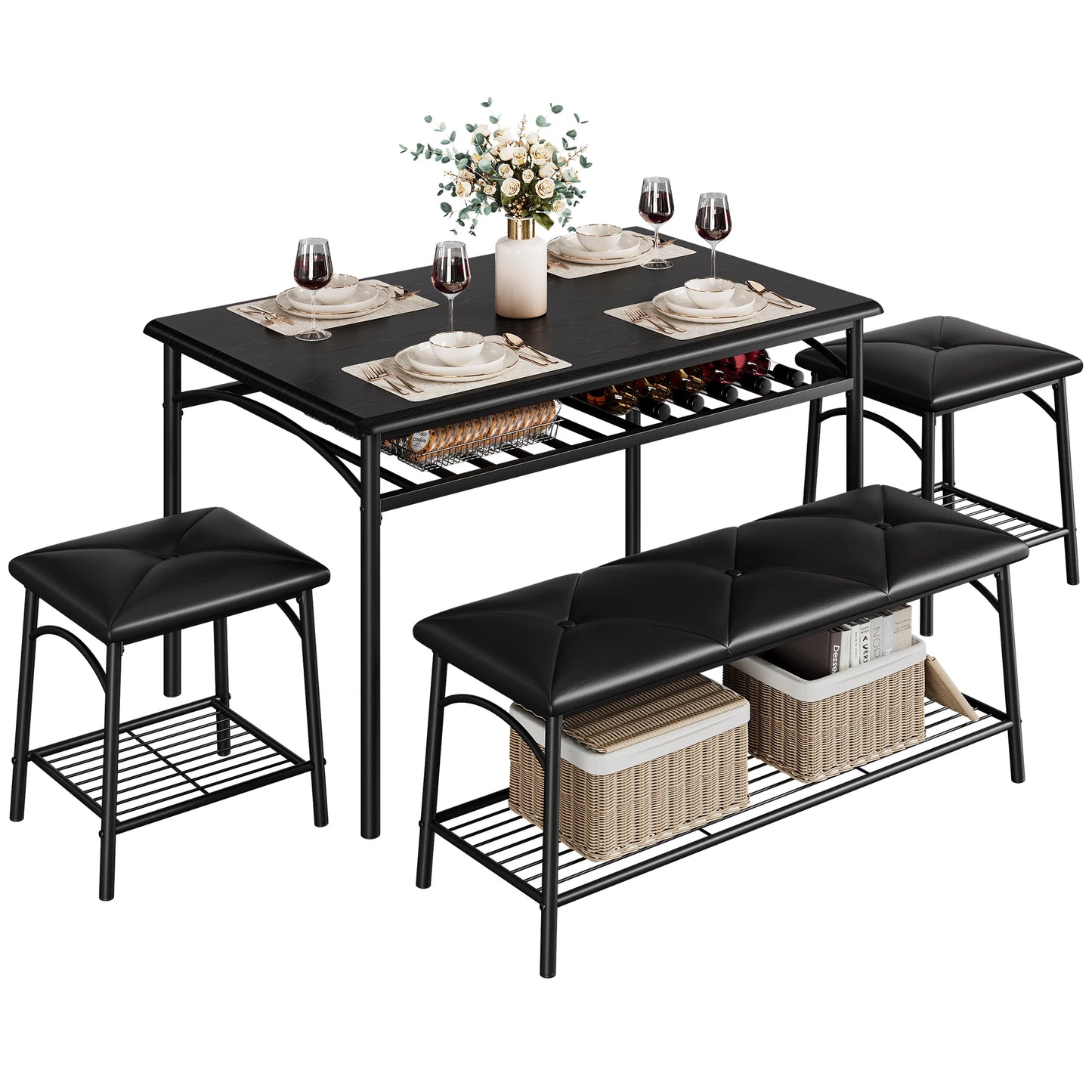 HobbyLane Dining Table Set For 4 With Upholstered Bench Stools