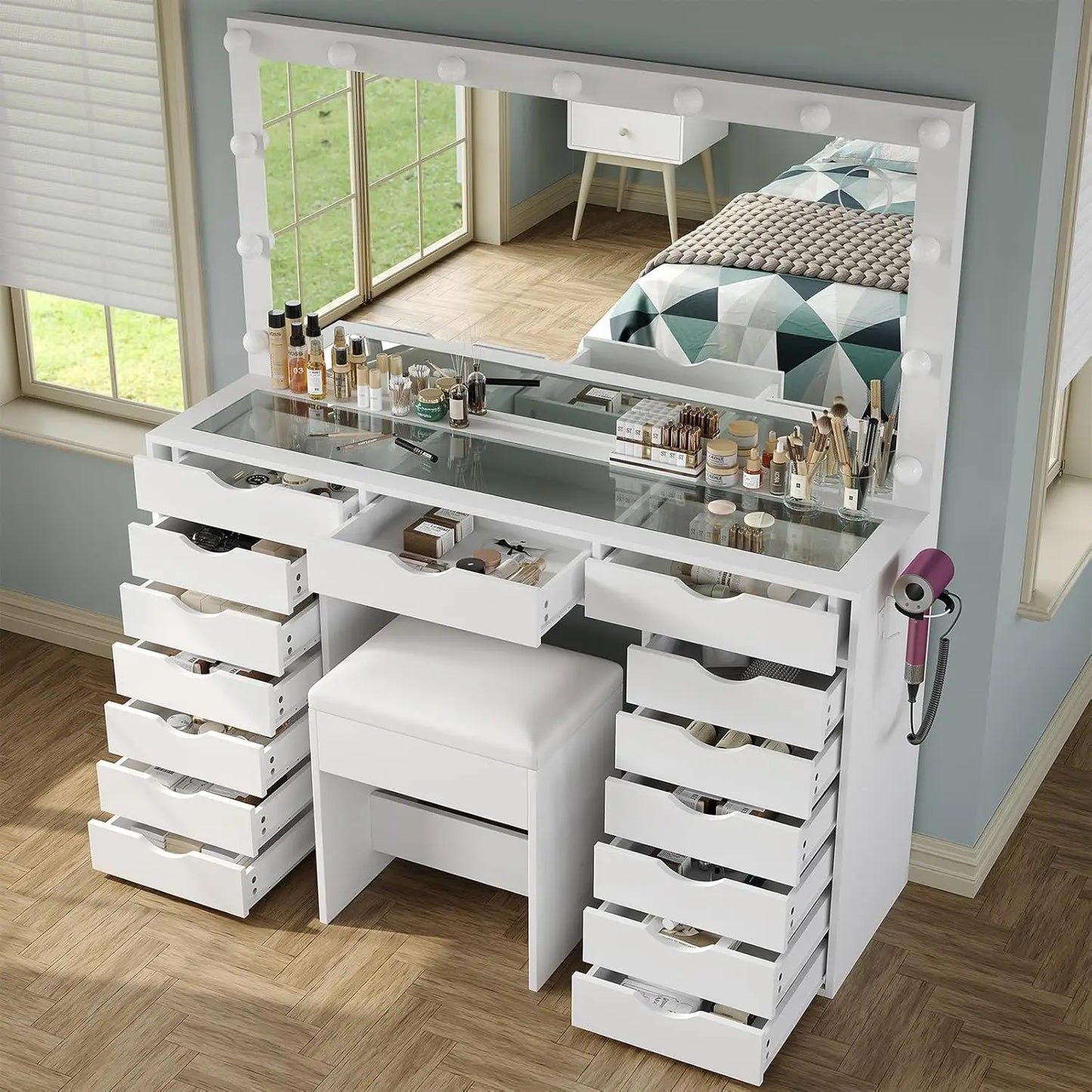 XMSJ Vanity Desk With Mirror 3 Color Lights And 15 Drawers
