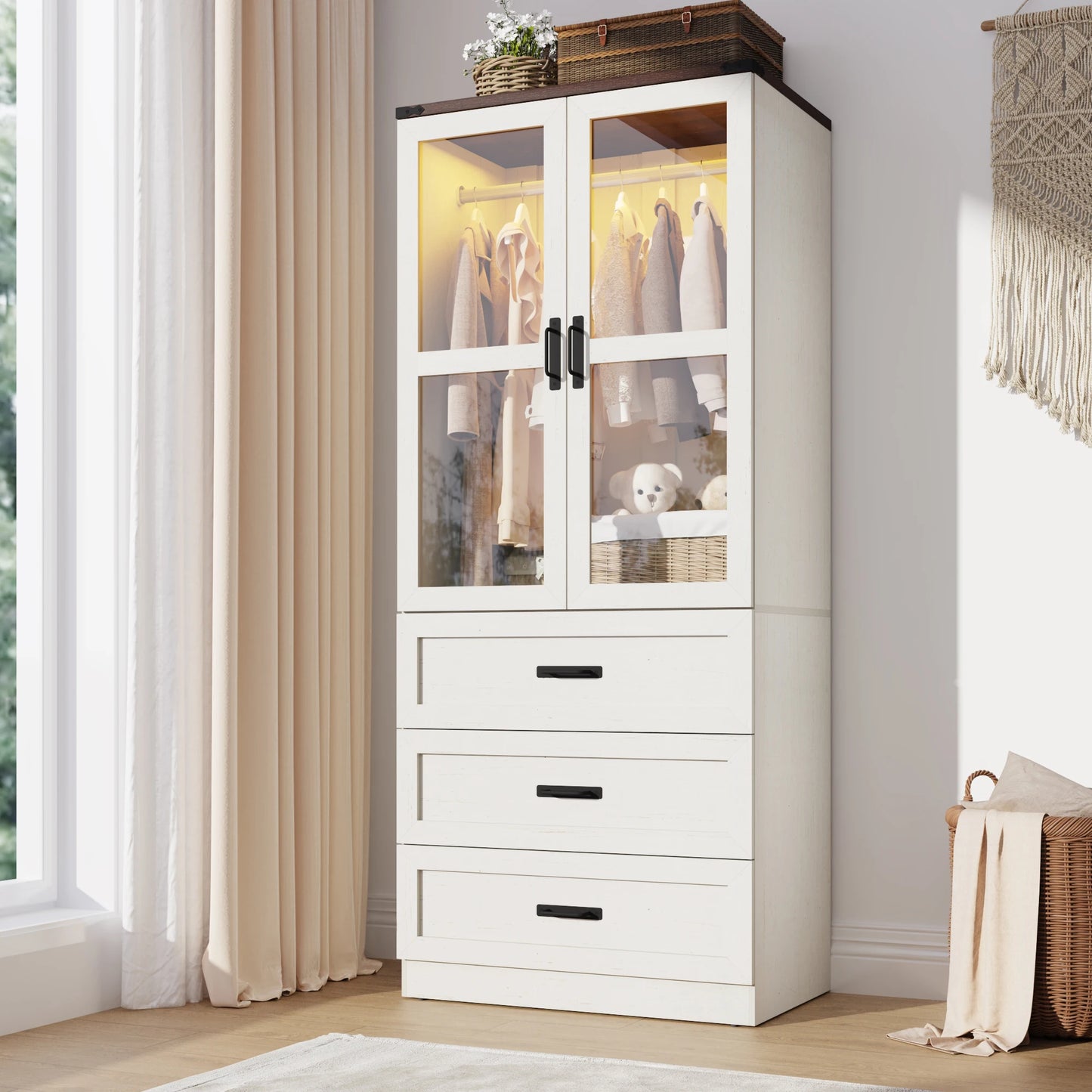 QiaoShiRen Farmhouse Armoire Wardrobe With LED Lighting Freestanding