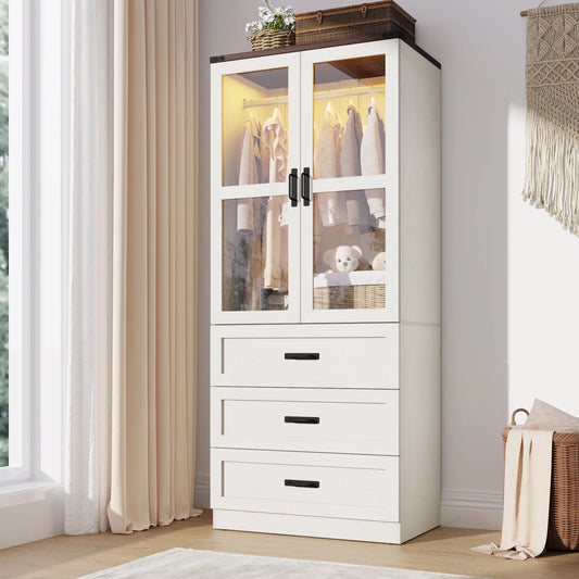 QiaoShiRen Farmhouse Armoire Wardrobe With LED Lighting Freestanding