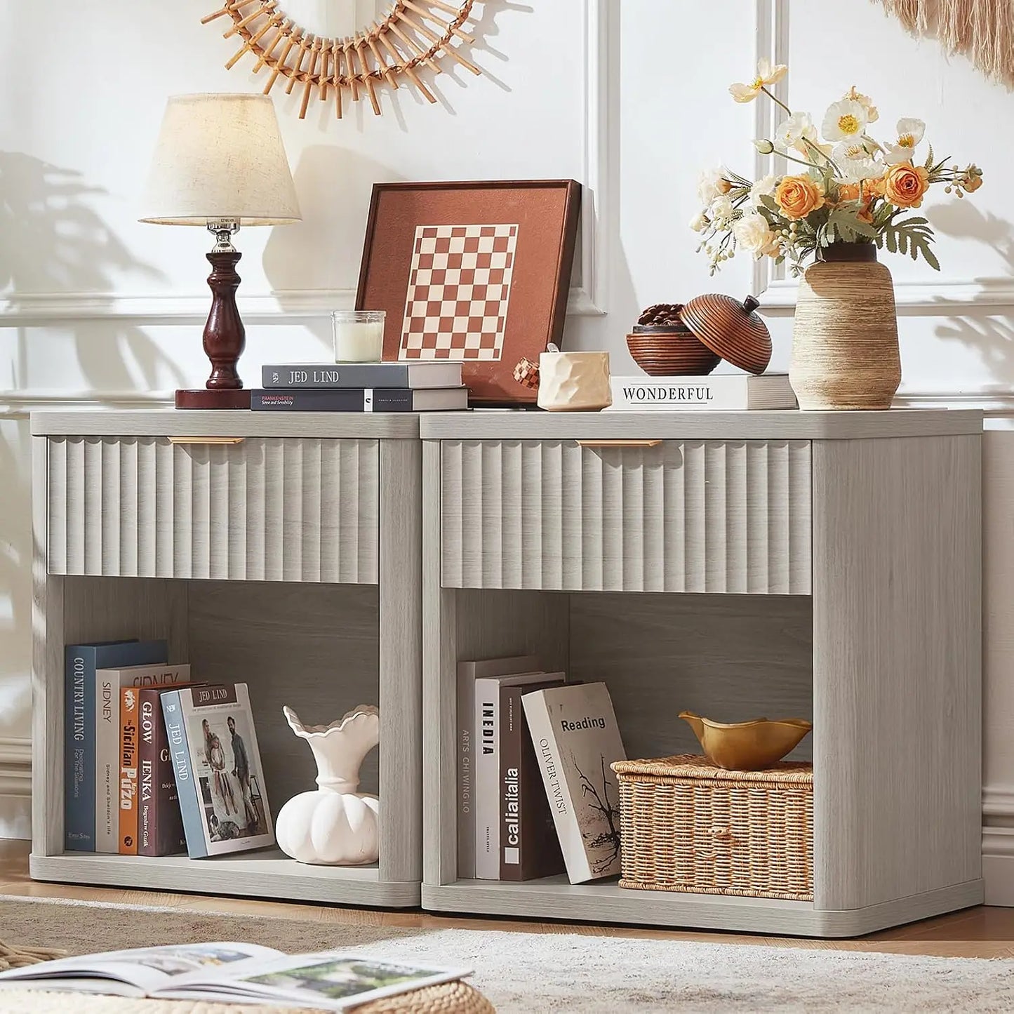 Fluted Farmhouse Nightstand Set Of 2 With Charging Station