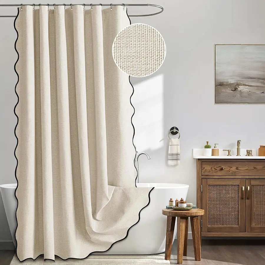 Guangdong Linen Scalloped Shower Curtain With Metal Hooks Waterproof