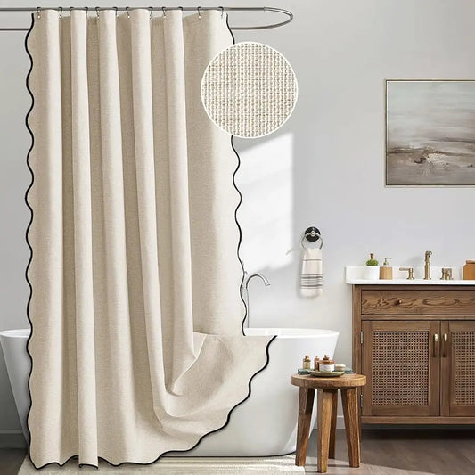 Guangdong Linen Scalloped Shower Curtain With Metal Hooks Waterproof