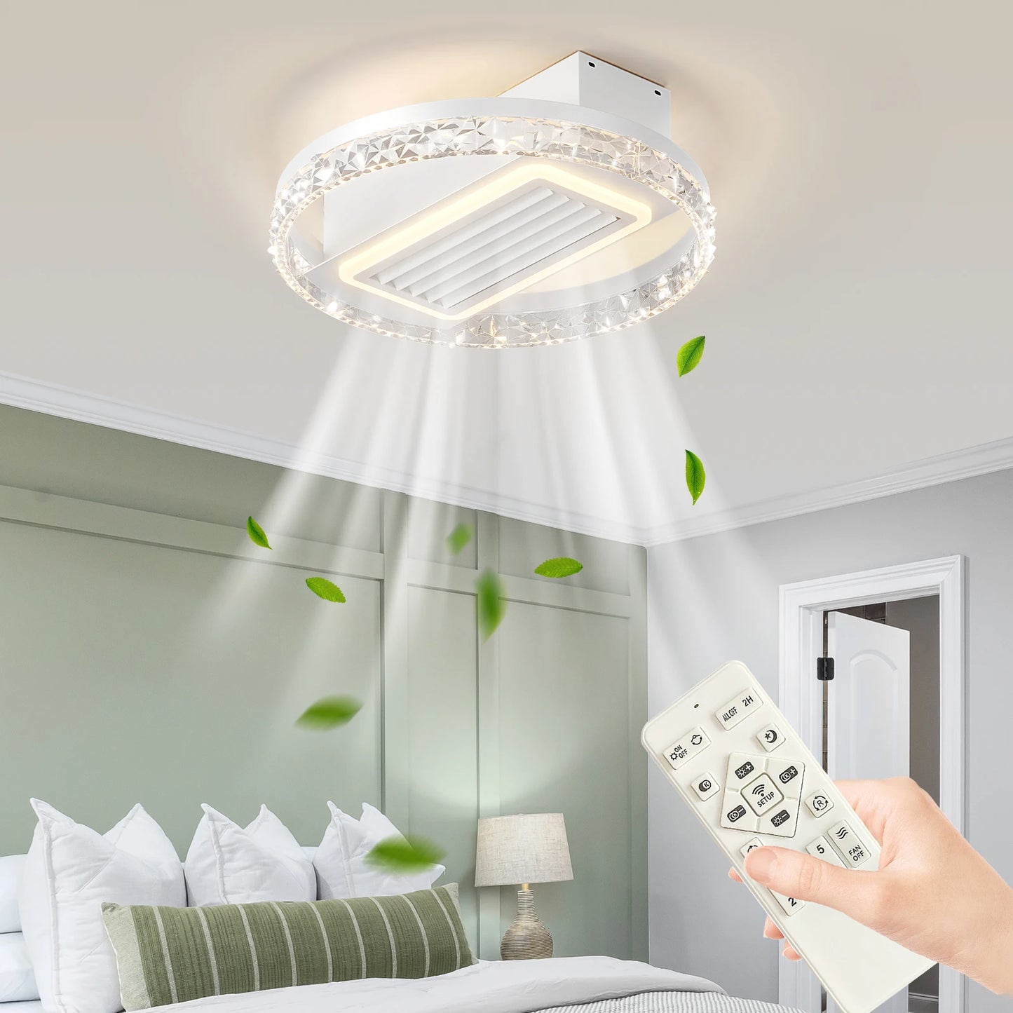ARLGSITE Modern Crystal LED Ceiling Fan With Light Remote Control Dimmable Low Noise