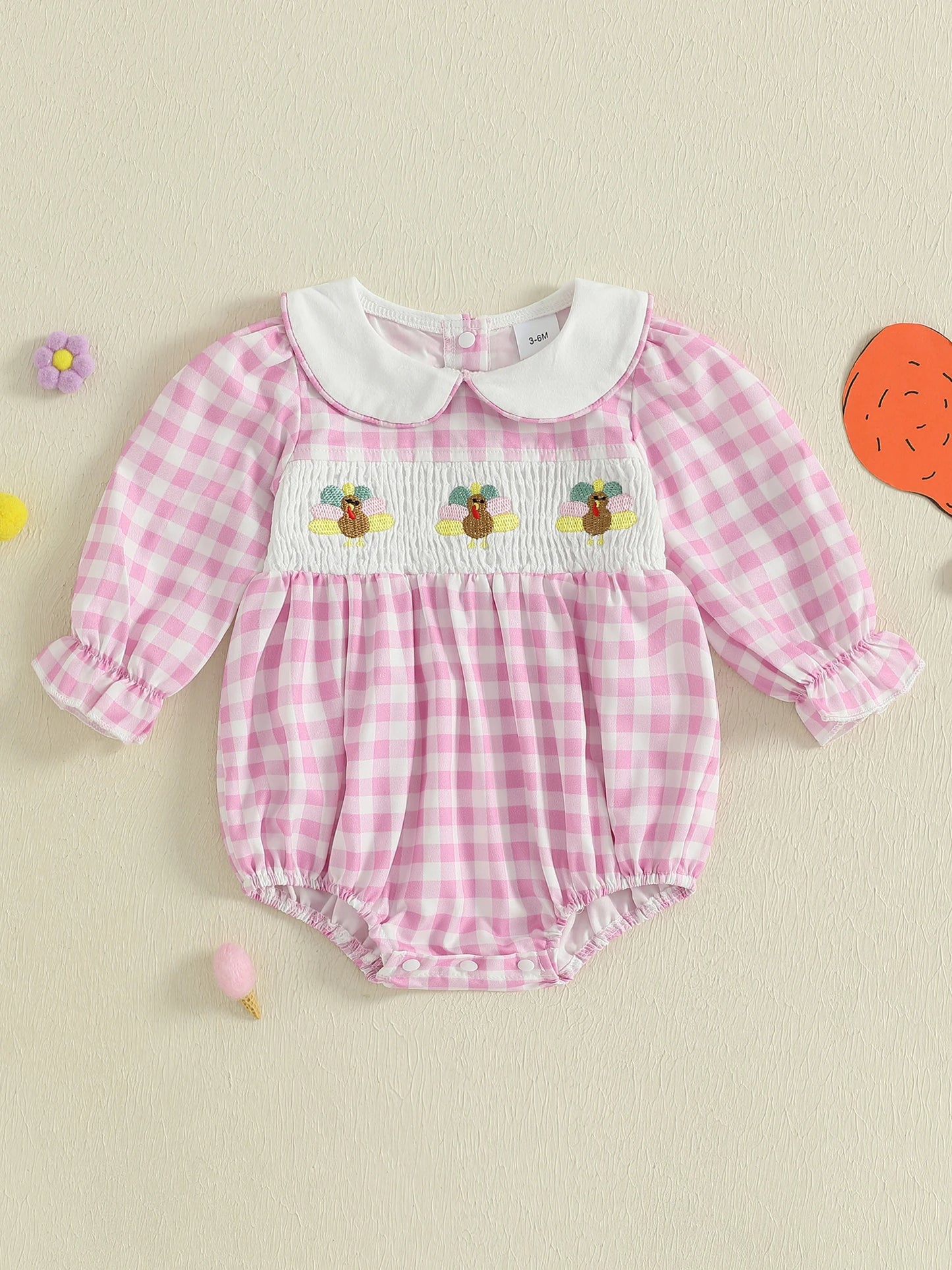 Thanksgiving Turkey Embroidered Long Sleeve Romper With Doll Collar