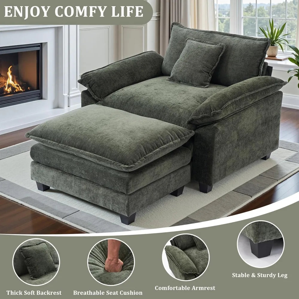 HUANZHUANG Chenille Upholstered Accent Chair With Ottoman For Living Room And Reading