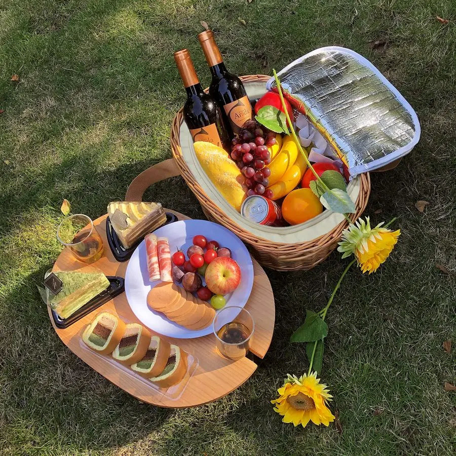 Wicker Picnic Basket Set For Four With Table And Cooler