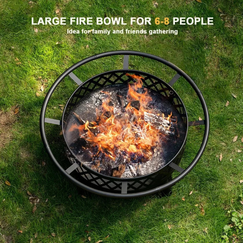 DAFIFY Round Outdoor Fire Pit With Grill And Metal Lid