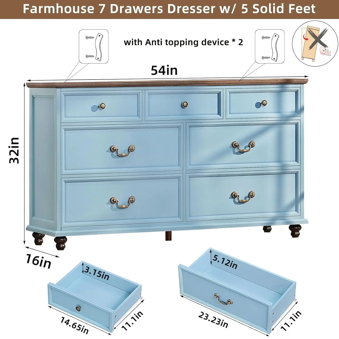 Farmhouse Rustic 7-Drawer Dresser for Bedroom